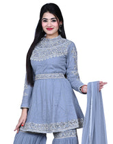 Blue Embroidered Shirt With Sharara & Waist Belt